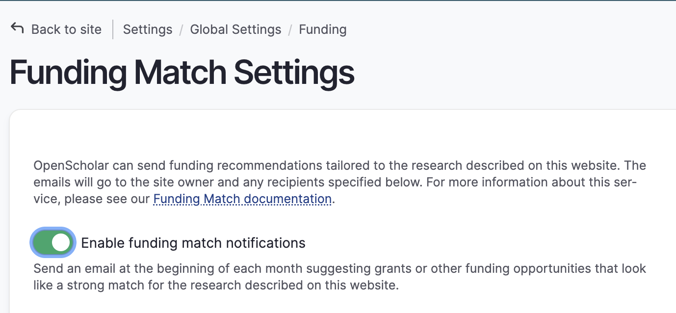 Funding Match settings form with notifications enabled