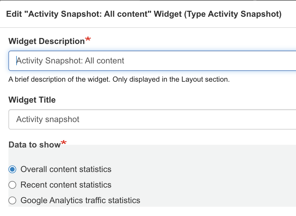 Activity Snapshot widget editing form