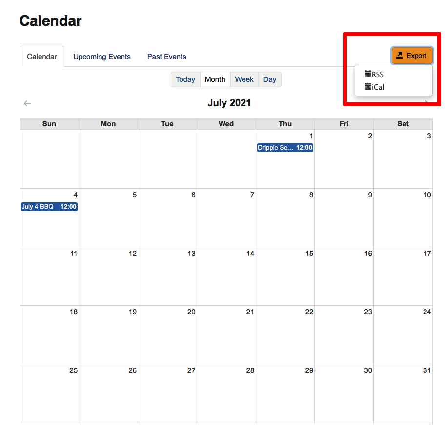 Calendar export button and options