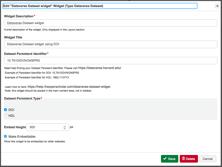 dataverse dataset widget form