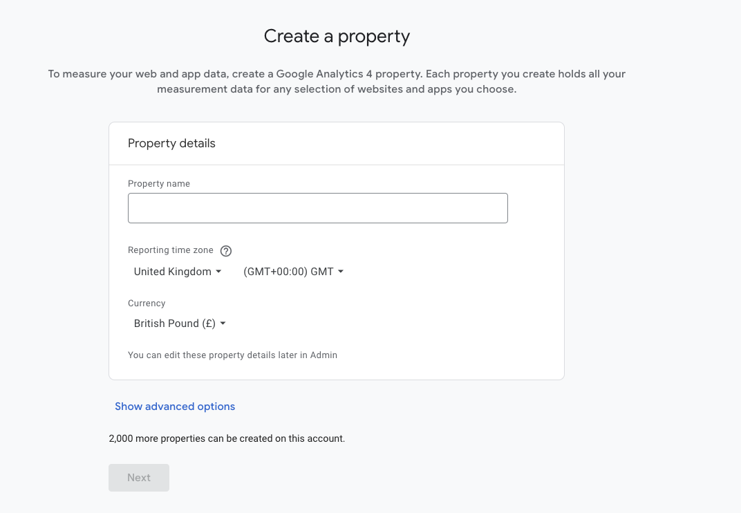 GA create property page