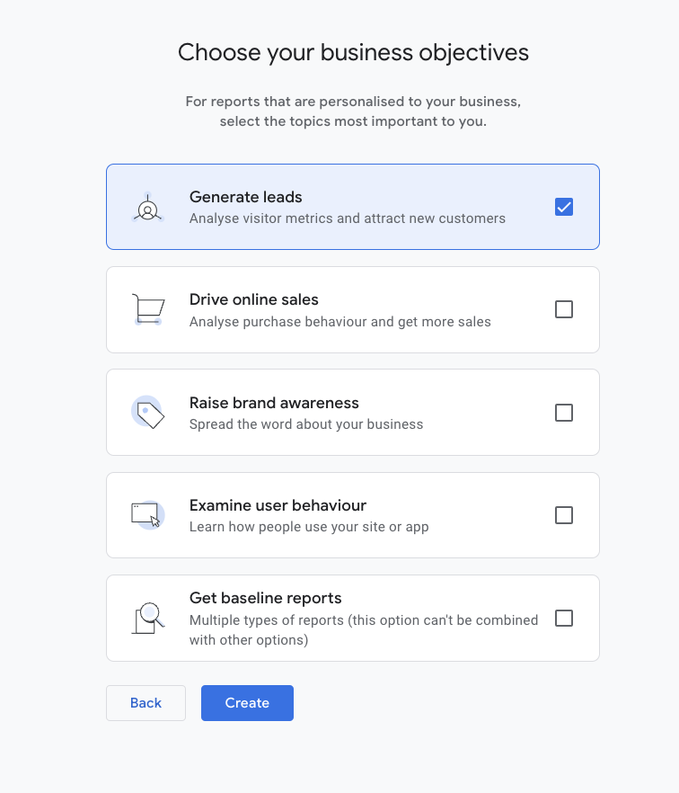 GA create property - Choose your business objectives