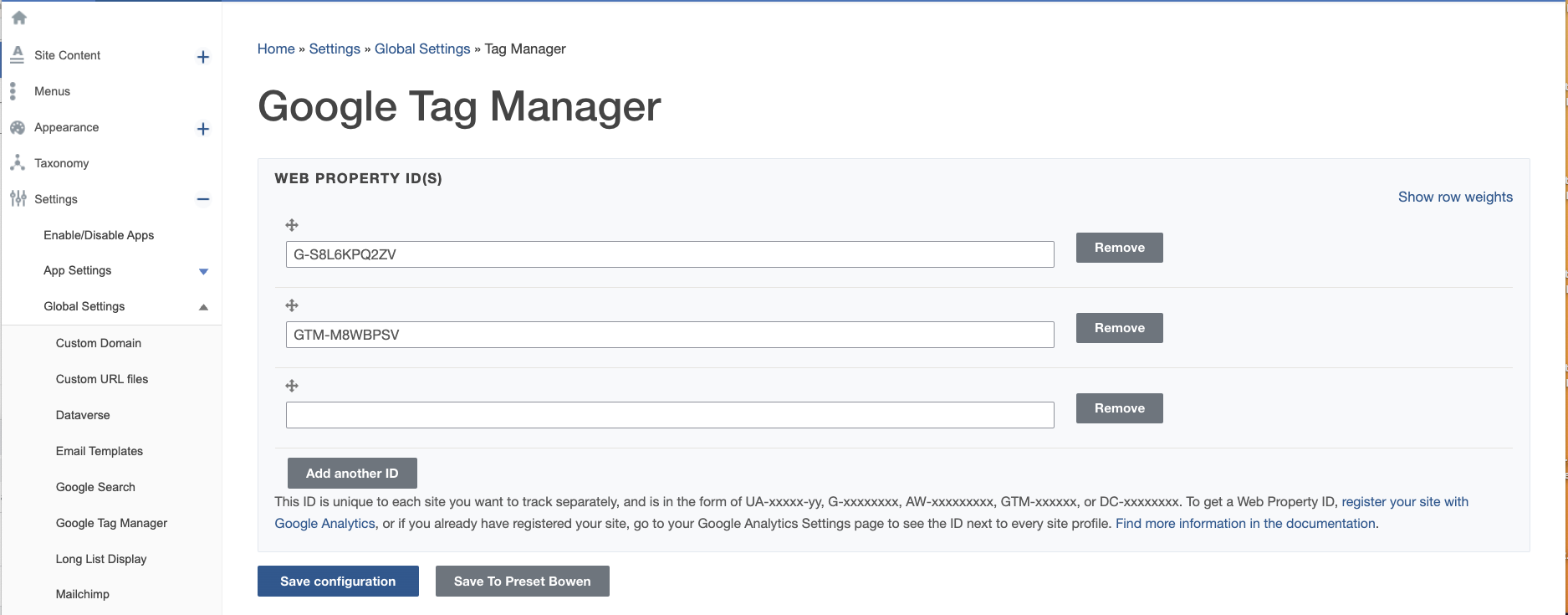 Google Tag Manager settings page