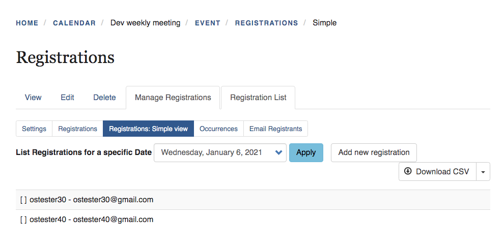 Manage - registration simple view