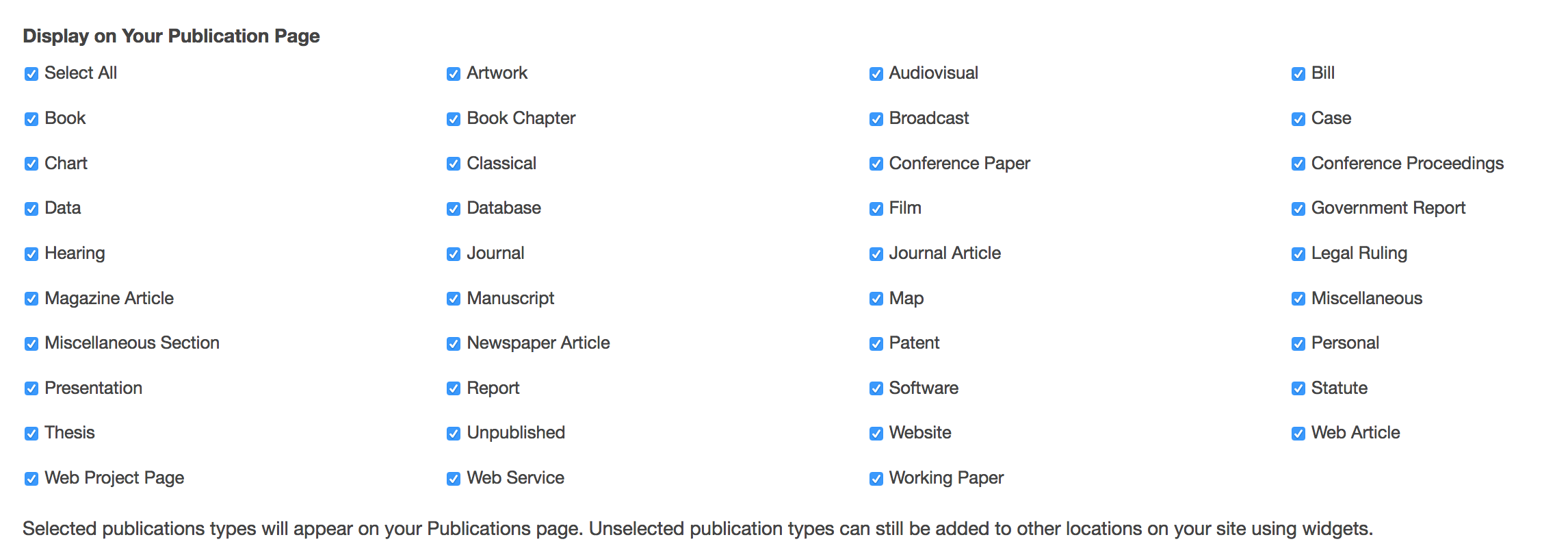publication settings - publication types