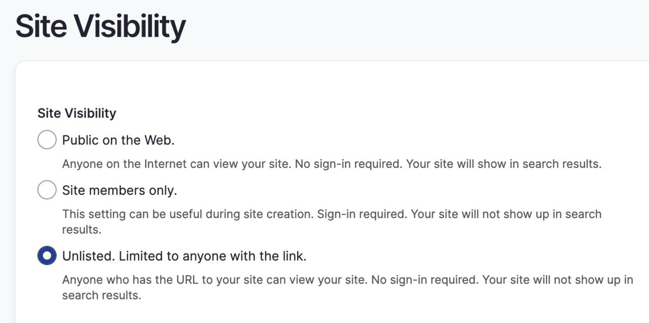 Site visibility options: Public, Unlisted, Members only