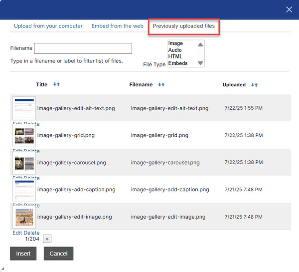 previously uploaded files